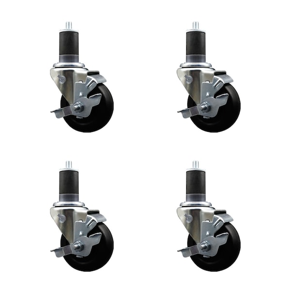 3.5'' SS Soft Rubber Swivel 1-5/8'' Expanding Stem Caster Set with Brake, 4PK